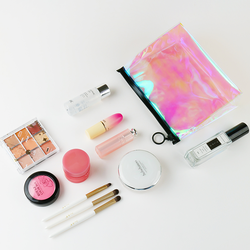 Custom Mini Small pink Pvc Holographic Plastic Zipper Bag with logo Print for Cosmetics Makeup Brushes Packaging Pouch