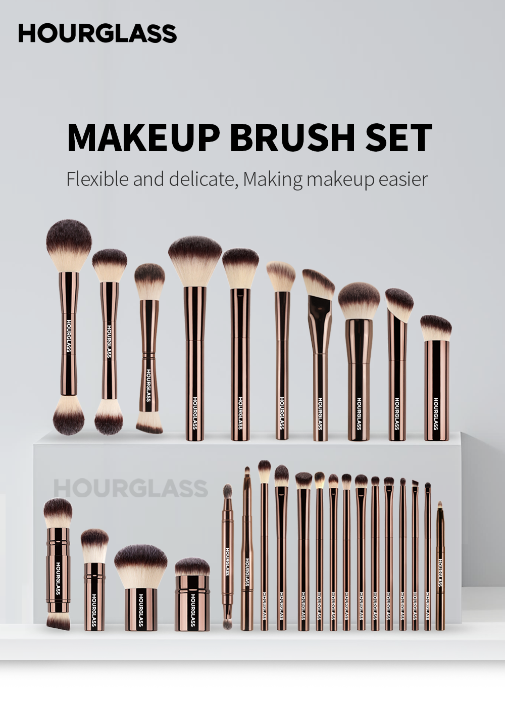 Custom HG 19-Piece Vegan Luxury Makeup Brush Set Professional Hourglass Brushes Aluminium Handle Ferrule Cruelty-Free Eye Use