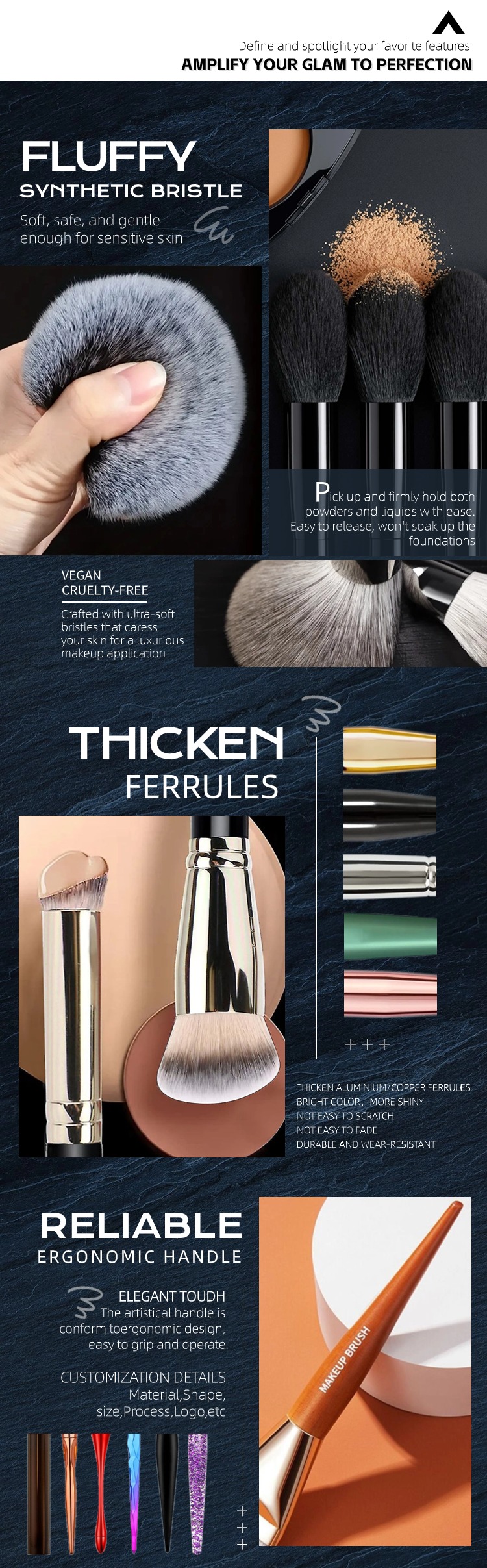 Makeup brush handle and bristle close-up details