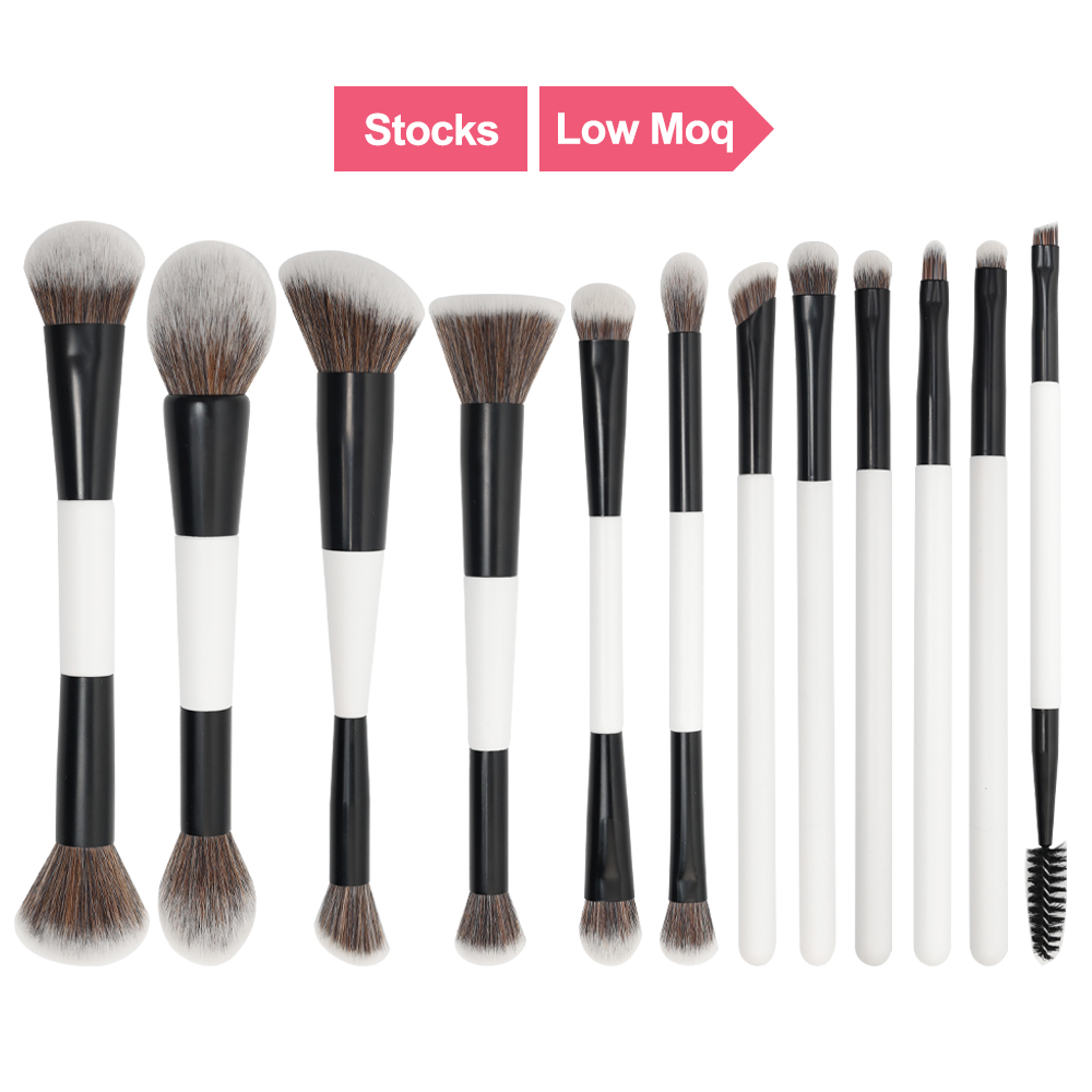 Premium Wooden 12 Pieces White Dual Ended Private Label Luxury Travel Vegan Custom High Quality Professional Makeup Brush Set