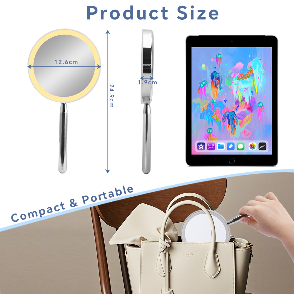 Travel Makeup Mirror Portable 3x LED Lights Metal Single Sides Handheld Compact Pocket Mirror