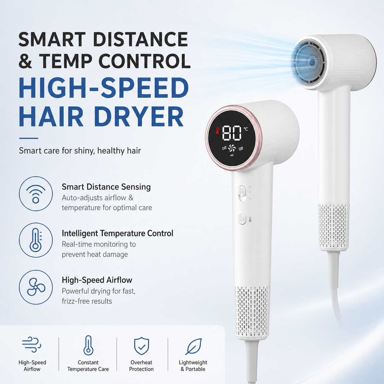 AI Intelligent Hair Dryer With BLDC Motor - Professional Salon-Grade High-Speed Blower, Smart Detection For Optimal Styling