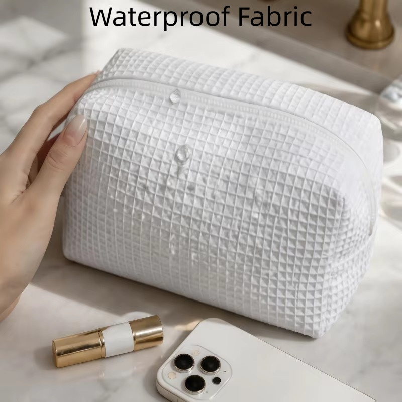 Low MOQ Custom Logo Soft Waffle Makeup Bag Wrist Handle Large Luxury Travel Cotton Toiletry Bag Casual Cosmetic Pouch Wholesale