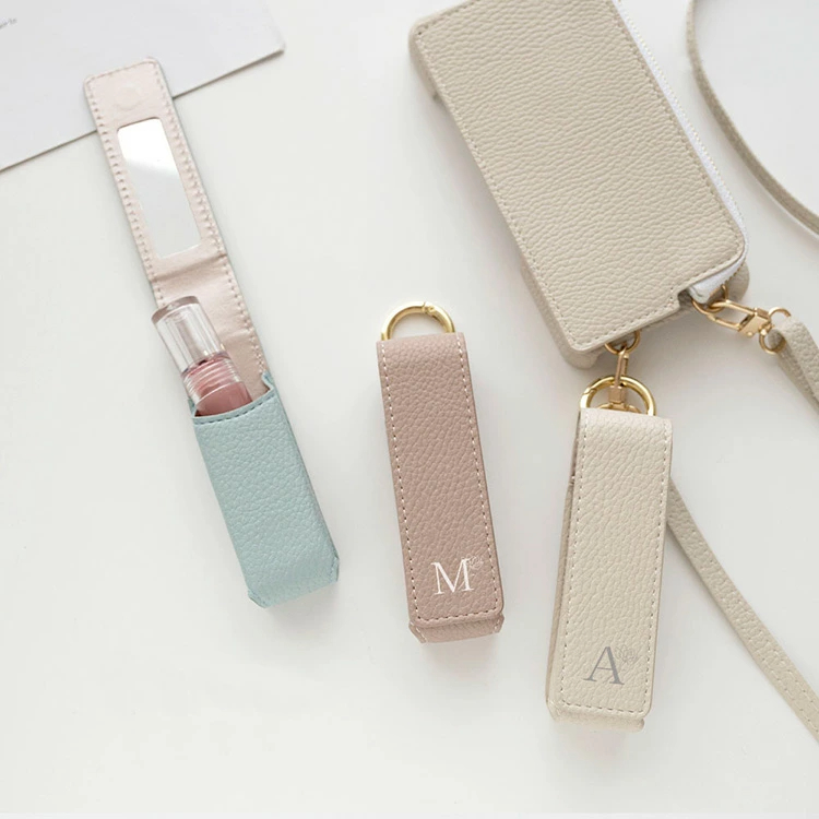 PU Leather Lipstick Case With Built-in Makeup Mirror, Portable Keychain Lip Gloss Holder For On-the-Go Touch Up,Makeup Accessory