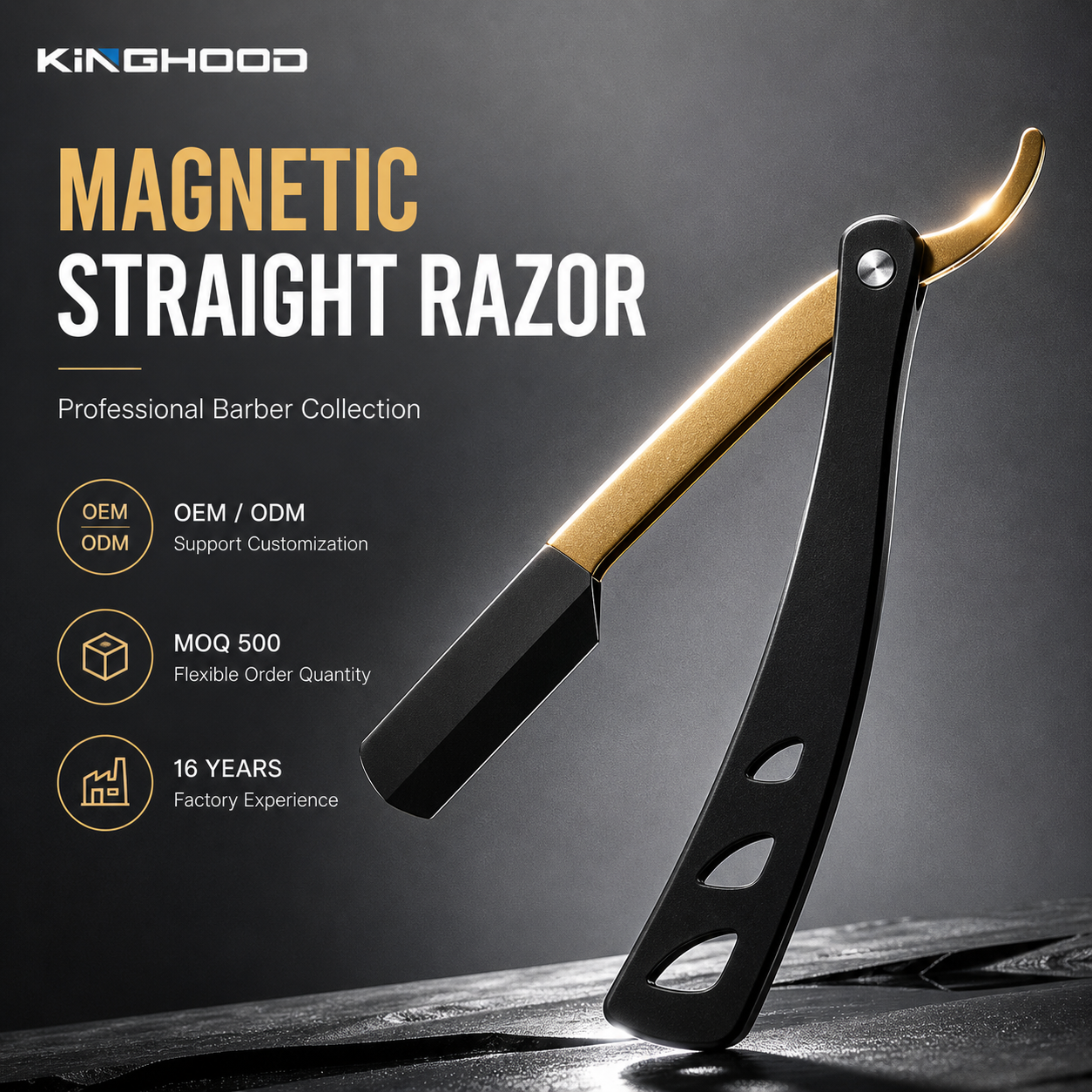 Professional OEM Private Label Supplier Barber Folding Shavette Black Metal Handle Salon Razor Magnetic Straight Razor
