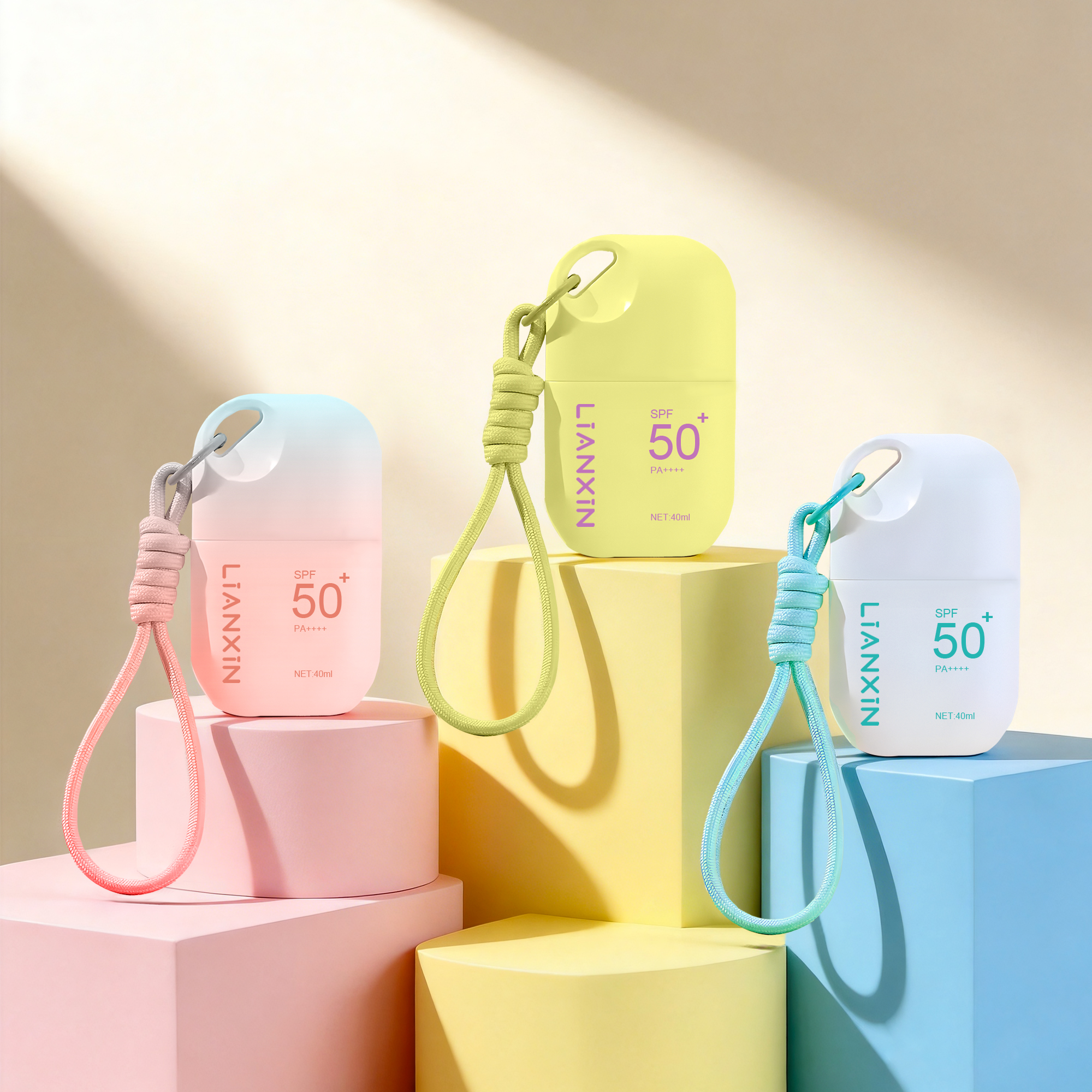 Custom Logo Oval Pink Gradient Hanging Rope Sunscreen Cream Bottle 40ml Portable Plastic Lotion Bottle For Cosmetic Packaging