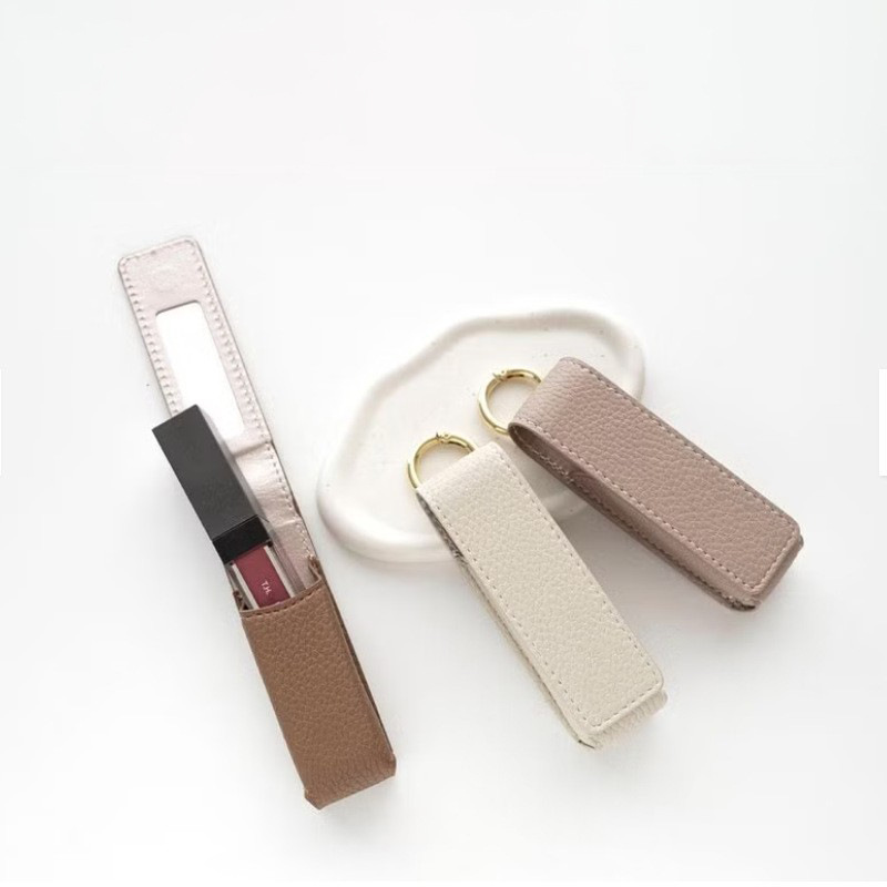 PU Leather Lipstick Case With Built-in Makeup Mirror, Portable Keychain Lip Gloss Holder For On-the-Go Touch Up,Makeup Accessory