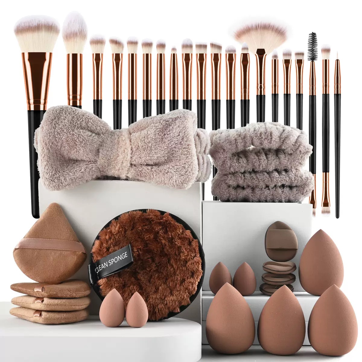 OEM Private Label Face Makeup Sponge Headband Nylon Puff Brushes Latex Free Colorful 40-Piece Set for Foundation Application