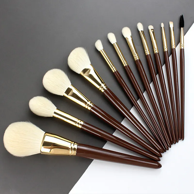 12pcs Natural Hair Makeup Brushes High Quality Goat Hair Cosmetic Brush Set with Wooden Handle Brush Tools Profession Factory