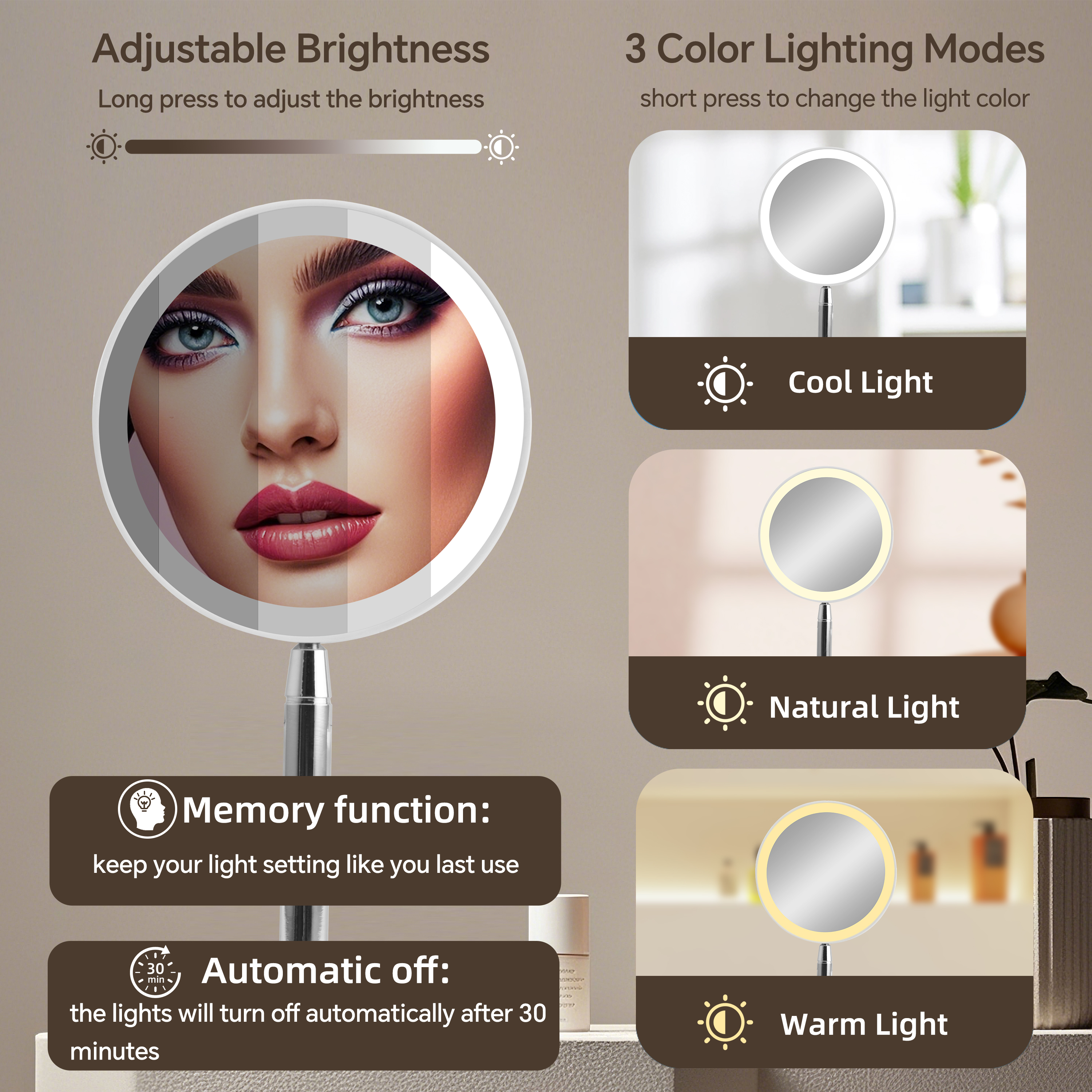 Travel Makeup Mirror Portable 3x LED Lights Metal Single Sides Handheld Compact Pocket Mirror