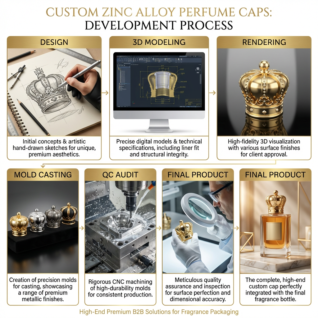 OEM ODM Zamac Perfume Cap Manufacturer Bespoke Metal Lid with Custom Brand Name Letters for High End Perfumery