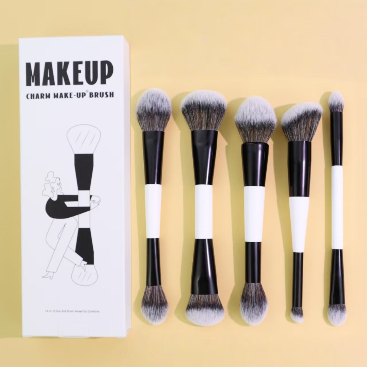 Popular 11PCS Dual Ended Foundation Powder Contour Concealer Eye Makeup Brush Black White Wooden Handle Professional Brushes Set