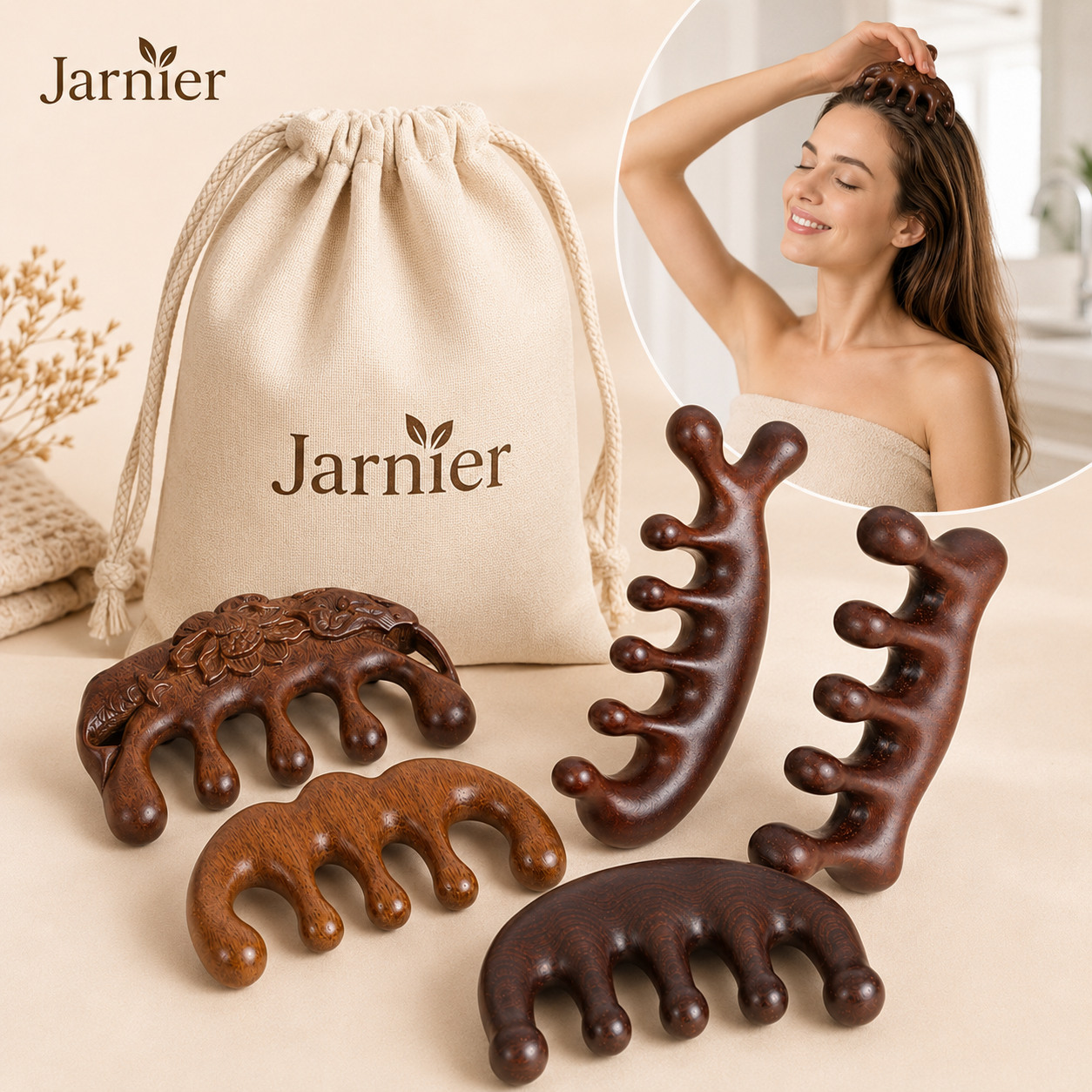 Jarnier Wholesale Costom Sale Scalp Massager Products Comb Wide Tooth Wood Hair Growth Sandalwood Comb Gift Massage Comb