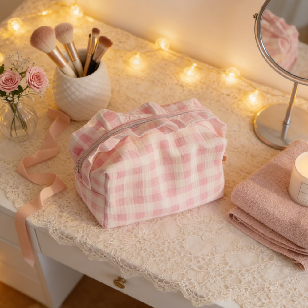 Wholesale Fashion Custom Polyester Travel Gingham Makeup Case Ruffle Zipper Cosmetic Bag