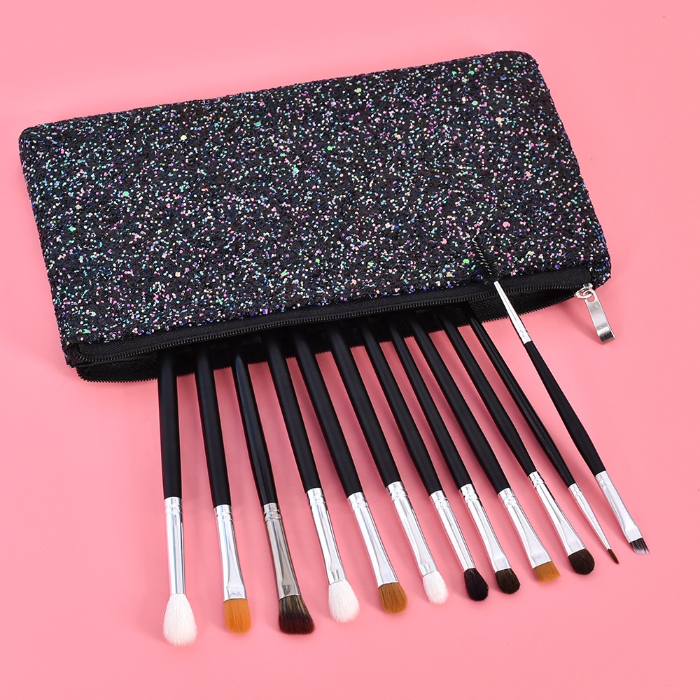 Low MOQ Black Eye Makeup Brushes Set With Natural Hair Private Label 12 Pcs