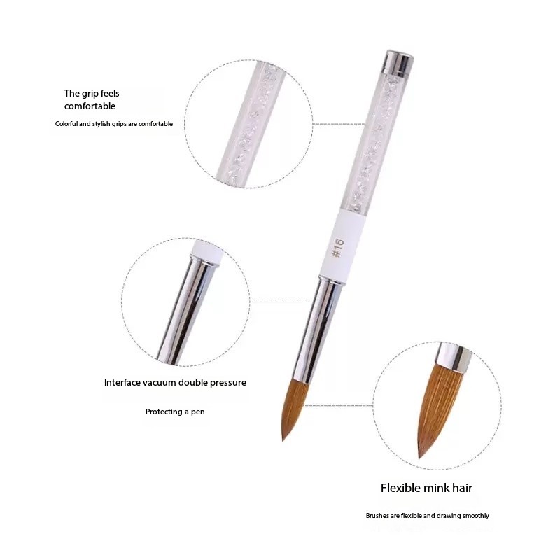 Nail Supplier Custom Logo 100% Pure Kolinsky Hair Nail Brush Metal Handle Acrylic Nail Art #2-16 Acrylic Nail Brush