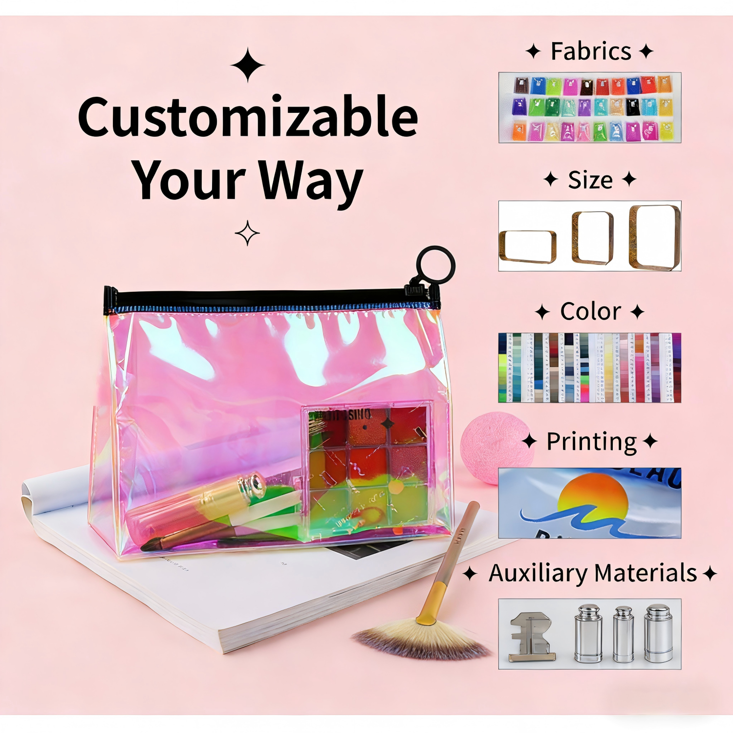 Custom Mini Small pink Pvc Holographic Plastic Zipper Bag with logo Print for Cosmetics Makeup Brushes Packaging Pouch