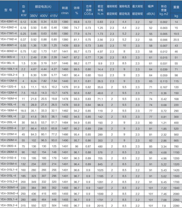 YB4 5 Motor Parameter Table 2