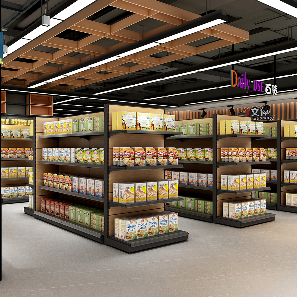 Supermarket shelf Heavy-Duty Wood Steel Acrylic Metallic Material for Grain Oil Store Shelf