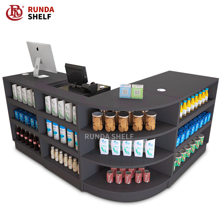 Steel Cash Register Checkout Counters with Corner Rack for Supermarket and Retail Store Use