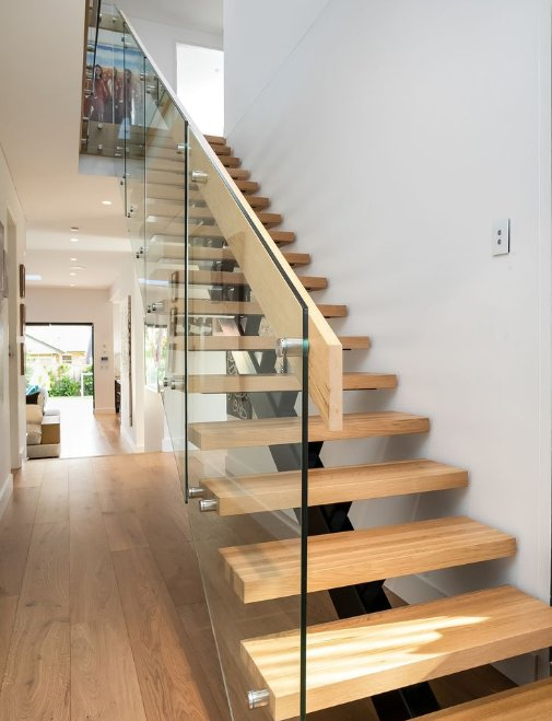 Luxury Modern Interior Wooden&Marble Step Stainless Steel Mono Stringer Straight Staircase