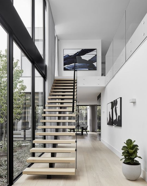 Luxury Modern Interior Wooden&Marble Step Stainless Steel Mono Stringer Straight Staircase