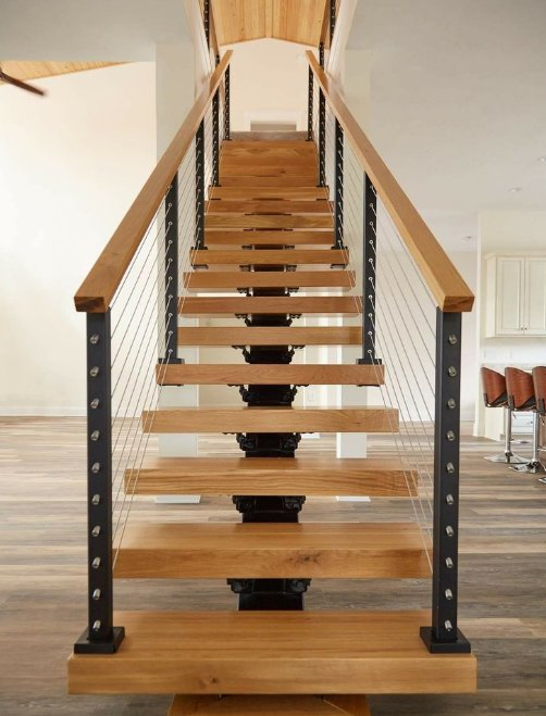 Luxury Modern Interior Wooden&Marble Step Stainless Steel Mono Stringer Straight Staircase