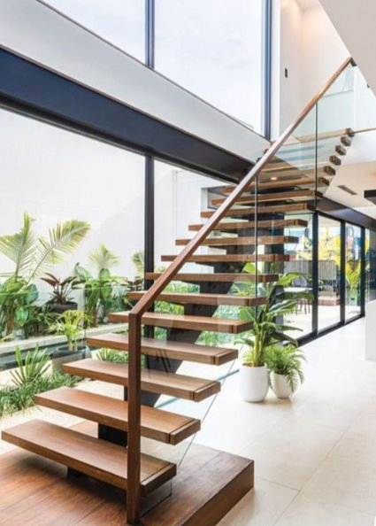 Luxury Modern Interior Wooden&Marble Step Stainless Steel Mono Stringer Straight Staircase