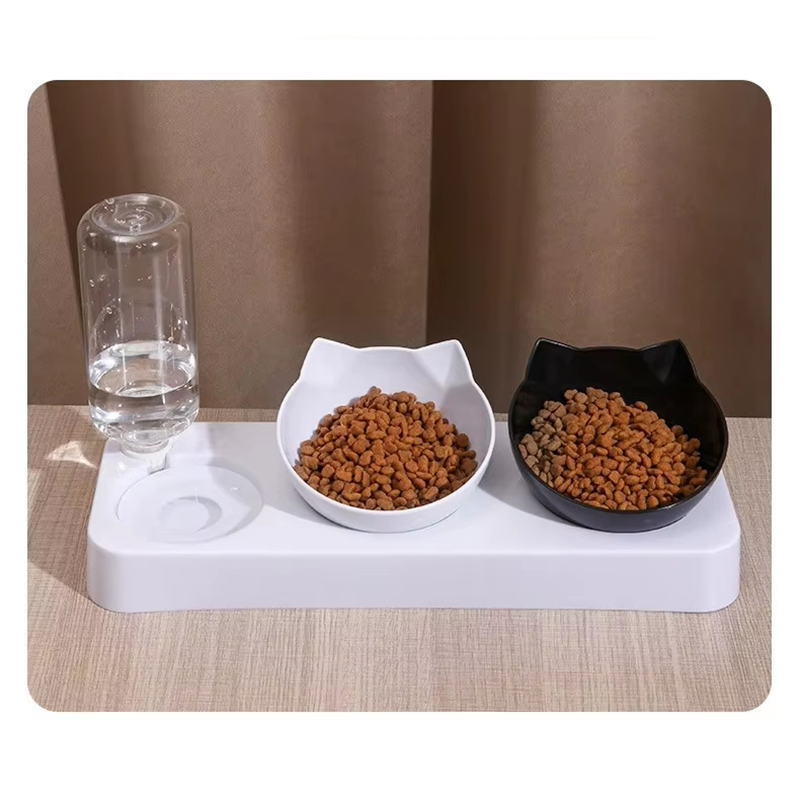 Automatic Cat Water Dispenser with 2 Food Bowls Non Wet Lip