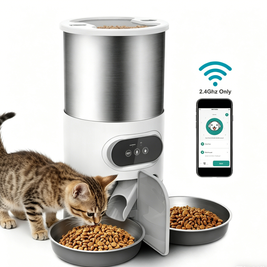 Food Grade Stainless Steel Pet Feeder, Timed Automatic Cat Dog Food Dispenser with Voice Call Function