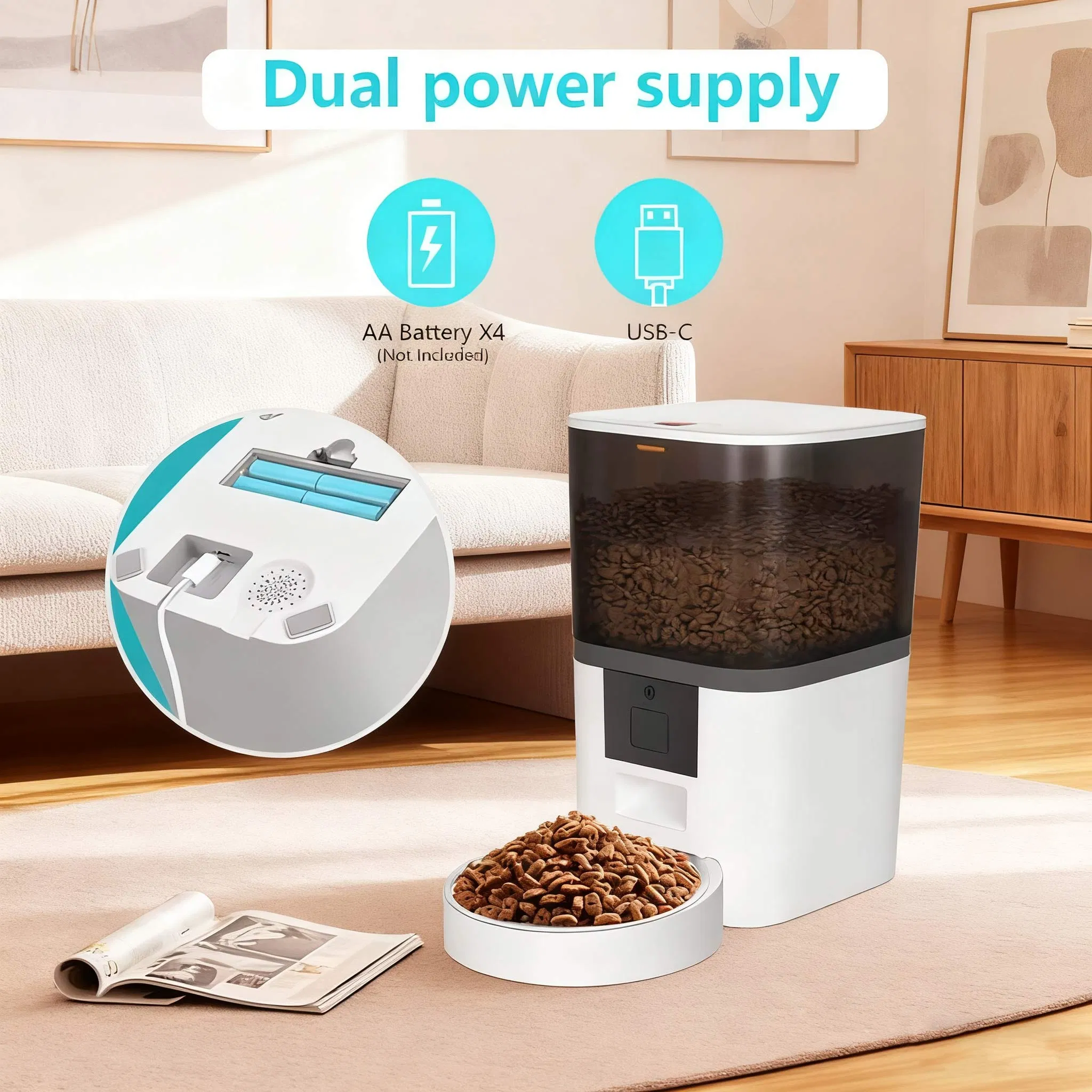 6L Tuya Smart Automatic Double Bowl Pet Feeder - APP Portion Control, Stackable, Dual Power &amp; Dry Food Dispenser for Cat Dog