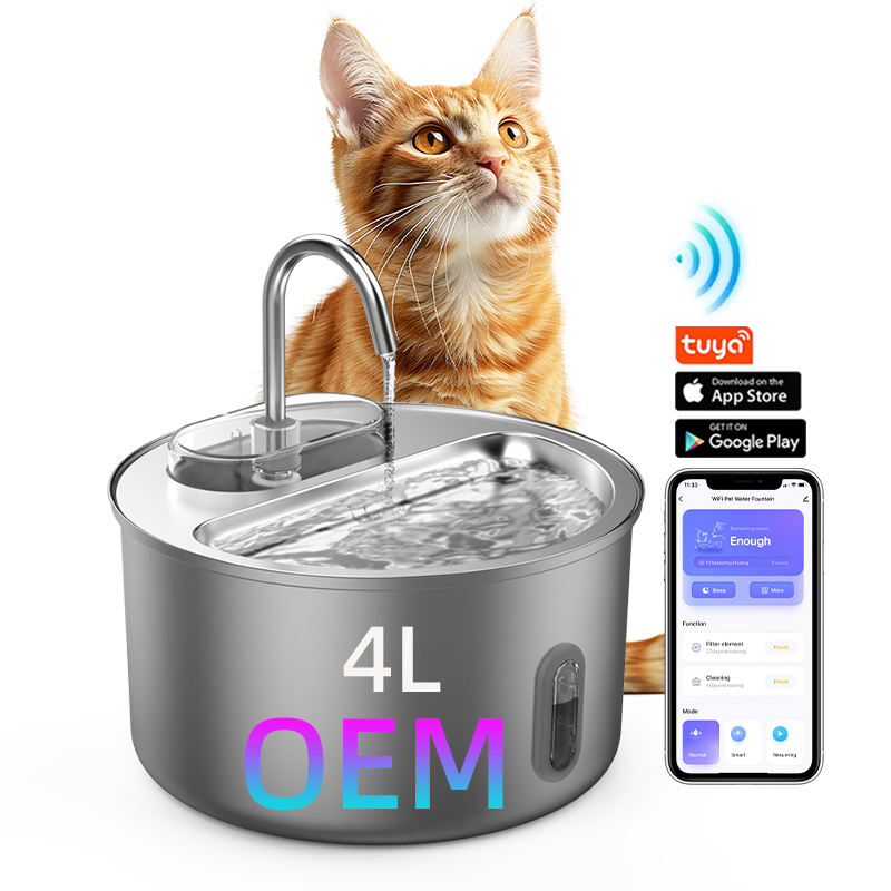 OEM 4L Cat Water Dispenser Visible Window Tuya WiFi APP Dog Water Fountain Automatic Pet Drinking Water Fountain Stainless Steel
