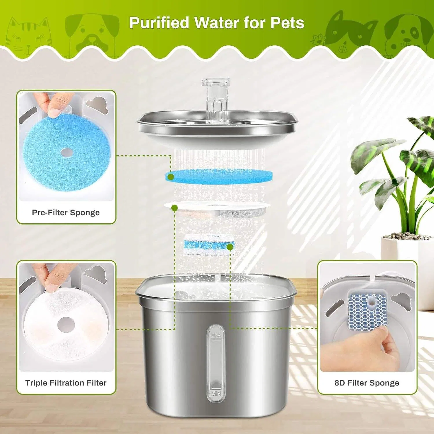 Stainless Steel Smart Automatic Pet Water Dispenserwith Remoyable Fountain for Cats