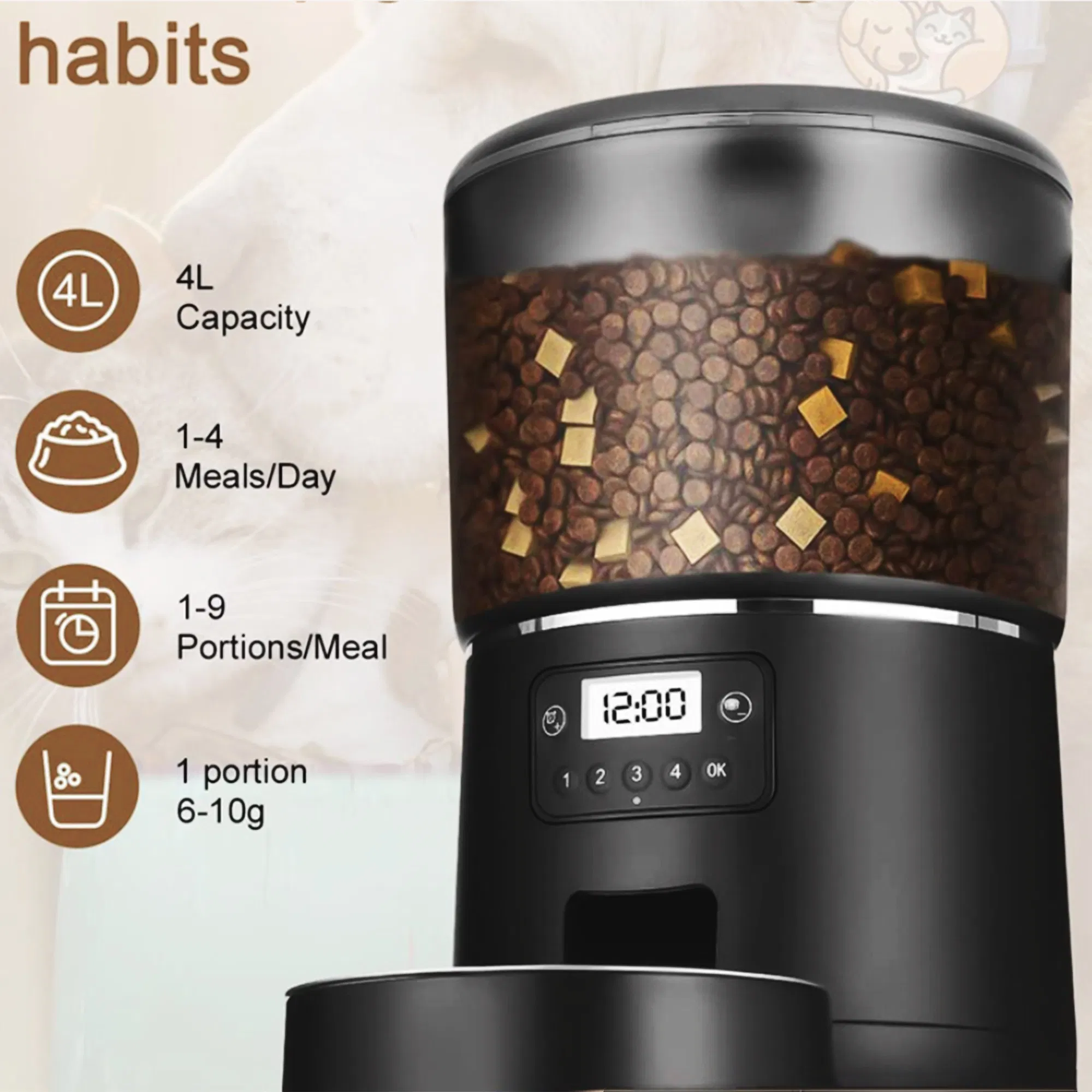 4L Smart Cat Feeder Stainless Steel Bowl Programmable Dog Food Dispenser for Pets