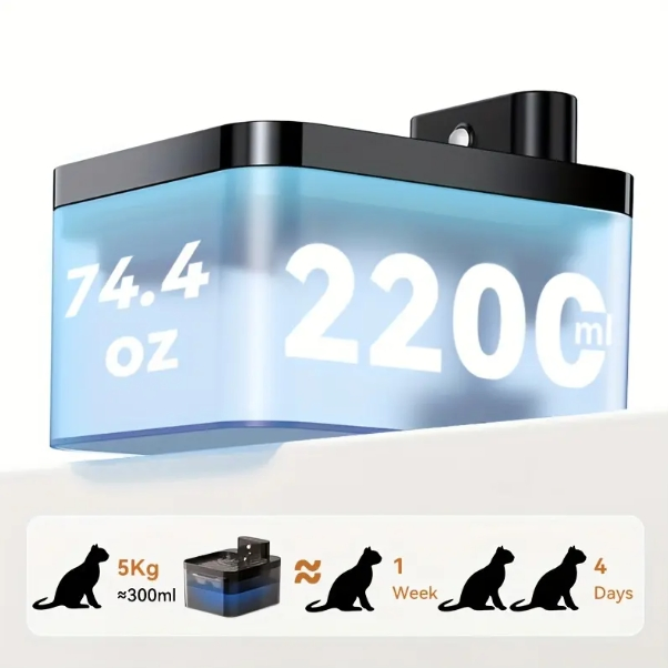 2.2L/74.4oz Wireless Cat Water Fountain Automatic Pet Water Dispenser 2600mAh Smart Cat Fountain Quiet Operation Sensor Fountain