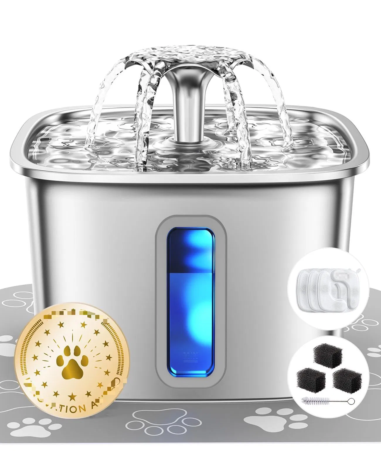 108oz 3.2L Stainless Steel Automatic Quiet Large Capacity Pet Drinking System with Filters Silicone Mat for Cats Dogs Water Fountain