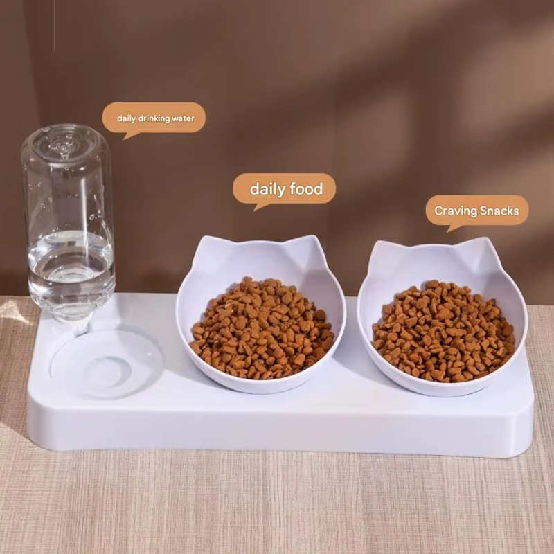 Automatic Cat Water Dispenser with 2 Food Bowls Non Wet Lip
