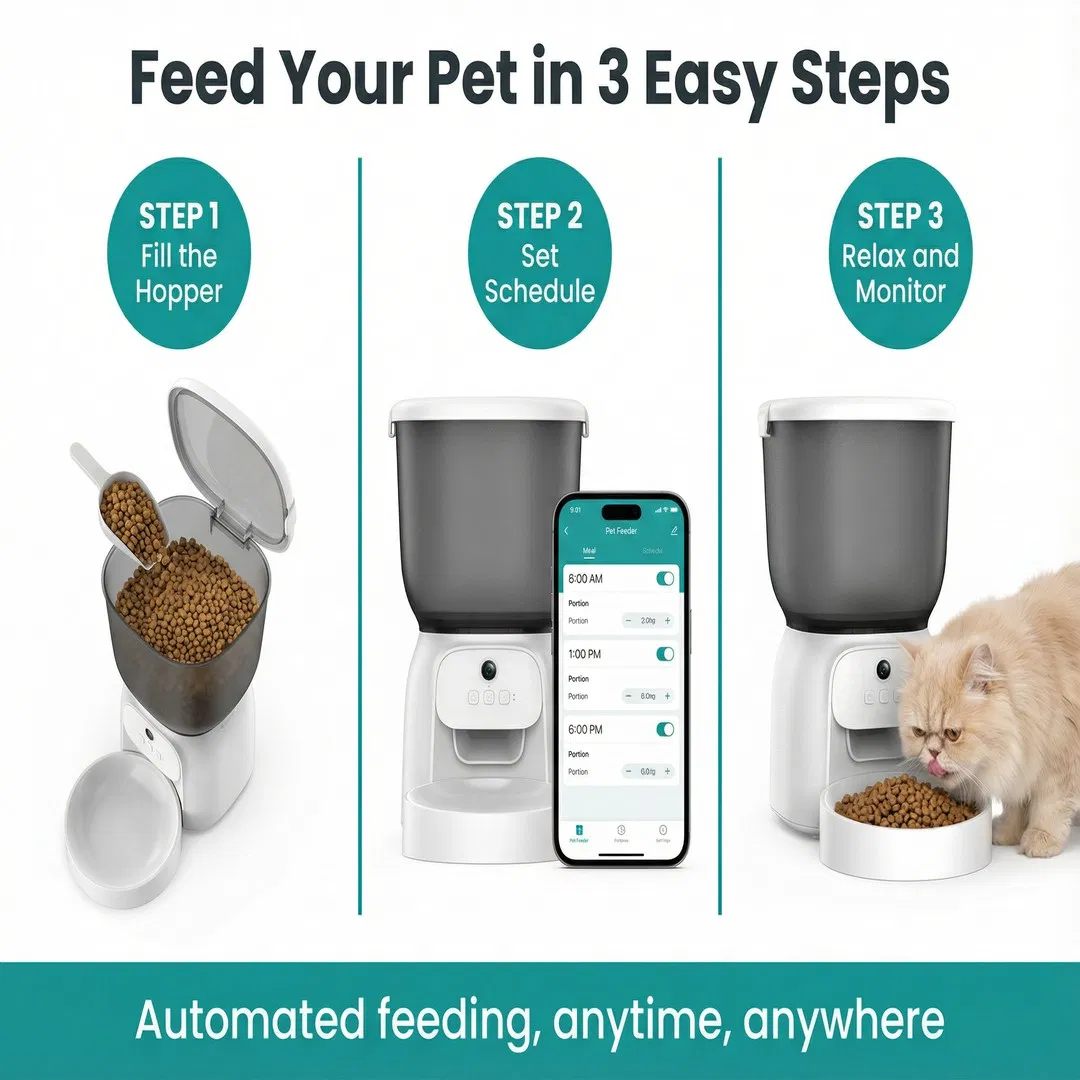 Pet Feeder with Camera Gravity Feed Large Capacity 6L Stainless Steel LED