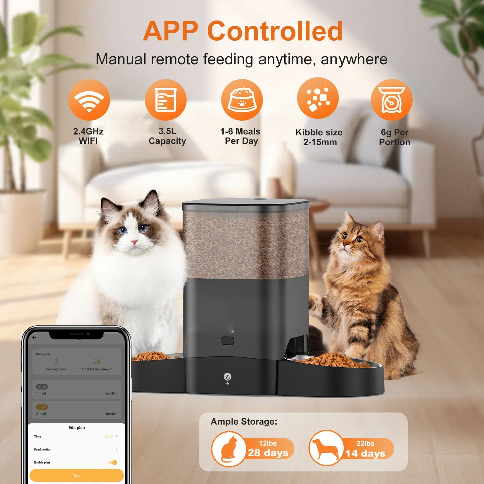 Tuya Remote Control Smart Pet Feeder with 6 Meals Daily Scheduling
