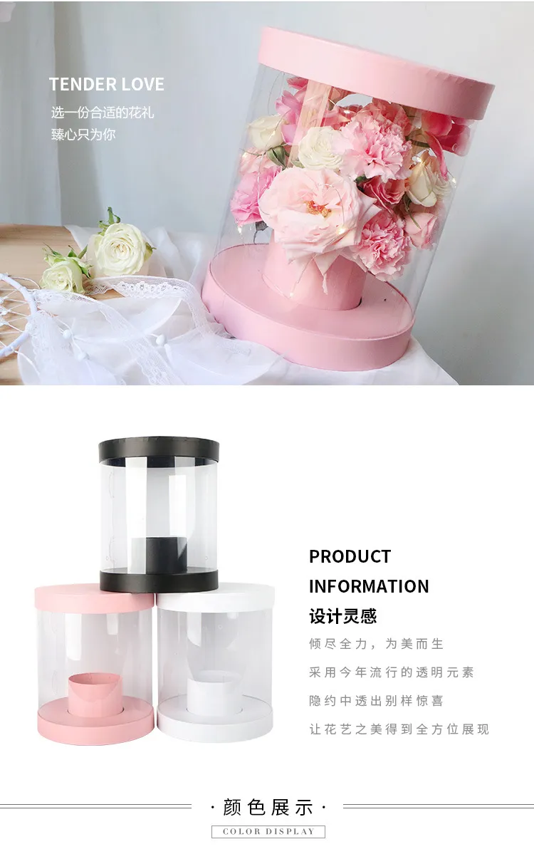 Embalagem de tubo de papel PVC personalizada de alta qualidade para exibição de presente de rosa única, caixa de papelão com flor fresca e elegante