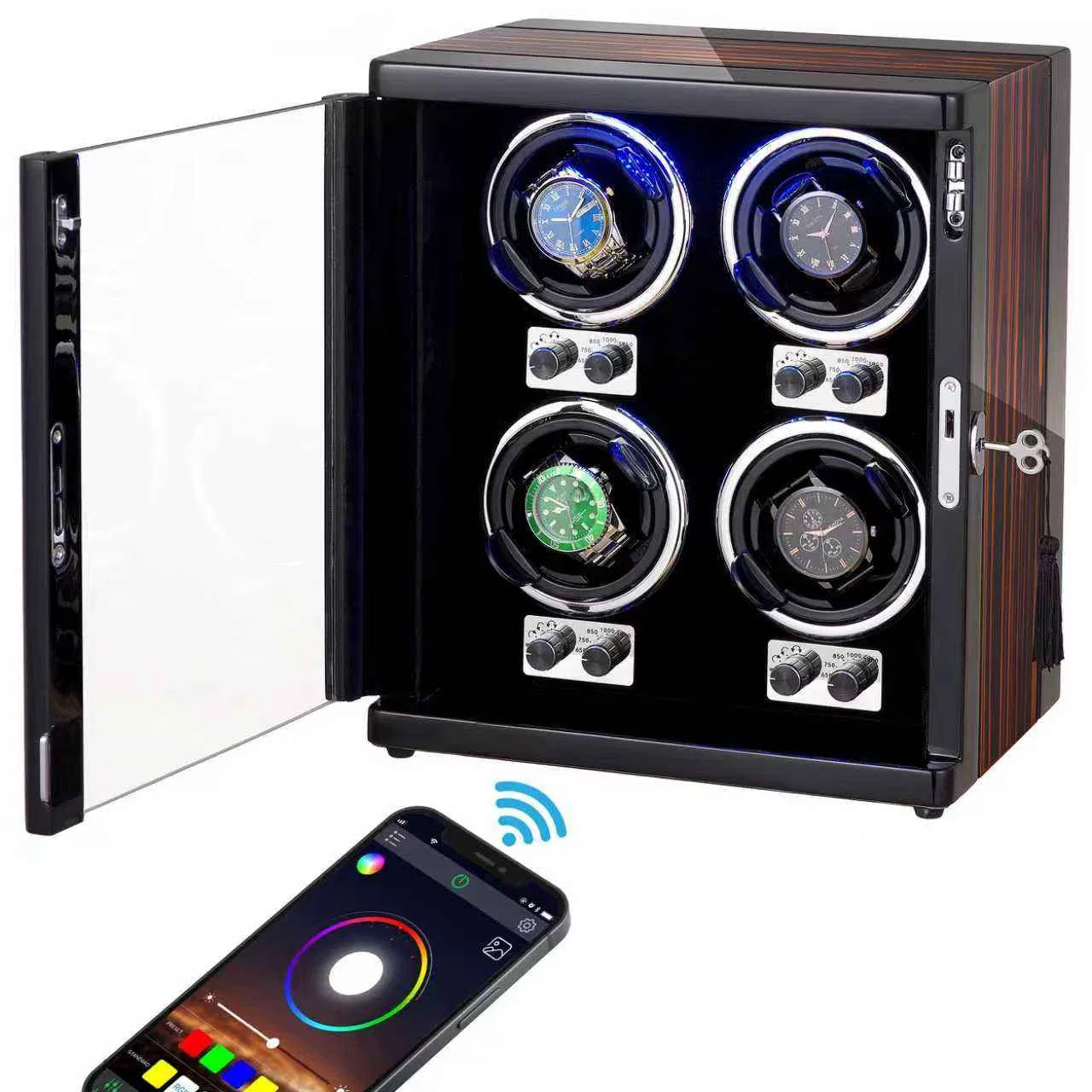 Caixa de Relógio Automática com Rotação para Armazenamento de Relógios em Madeira e Couro, Controle Móvel RGB por Atacado 4 Slots