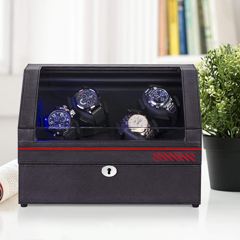 Caixa de Winder Automático de Couro Marrom com 4 Winding 4 Armazenamento