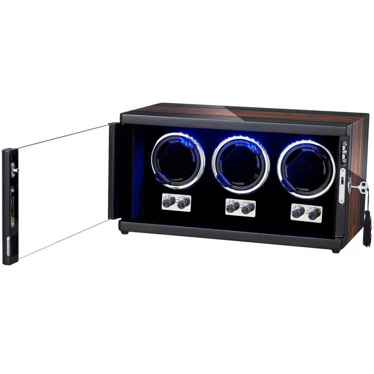 Caixa de Relógio Automática com Rotação para Armazenamento de Relógios em Madeira e Couro, Controle Móvel RGB por Atacado 4 Slots