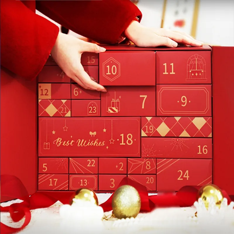 Calendário de Contagem Regressiva de Beleza Personalizado 25 Dias Caixa de Presente Ecológica de Papelão Rígido com Dupla Porta Caixa Surpresa de Cosméticos para o Natal