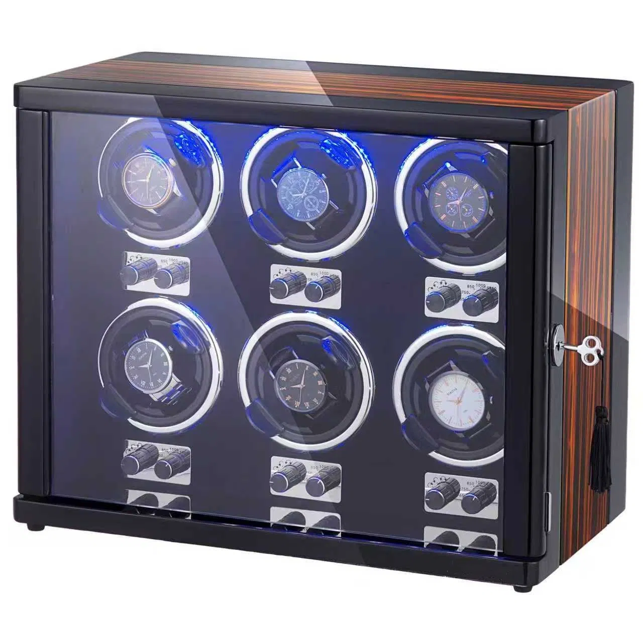 Caixa de Relógio Automática com Rotação para Armazenamento de Relógios em Madeira e Couro, Controle Móvel RGB por Atacado 4 Slots
