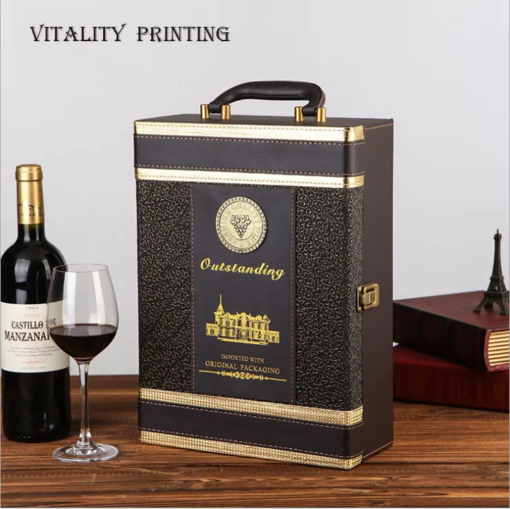 Caixa de Embalagem de Vinho de Luxo Personalizada Estilo Europeu Clássico Portátil em Couro PU Caixa de Presente de Madeira para Bebidas/Caixa de Couro à Vista/Pacote para Duas Garrafas