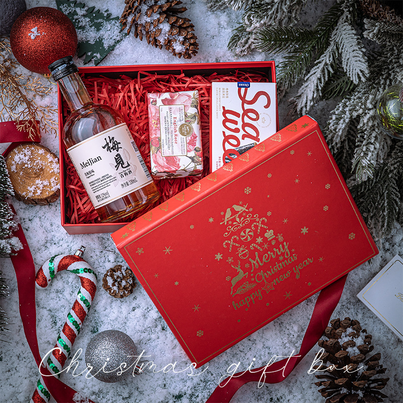 Caixa de Papel para Presente em Forma de Livro Vermelho do Papai Noel com Fita, Caneca, Vinho e Ráfia