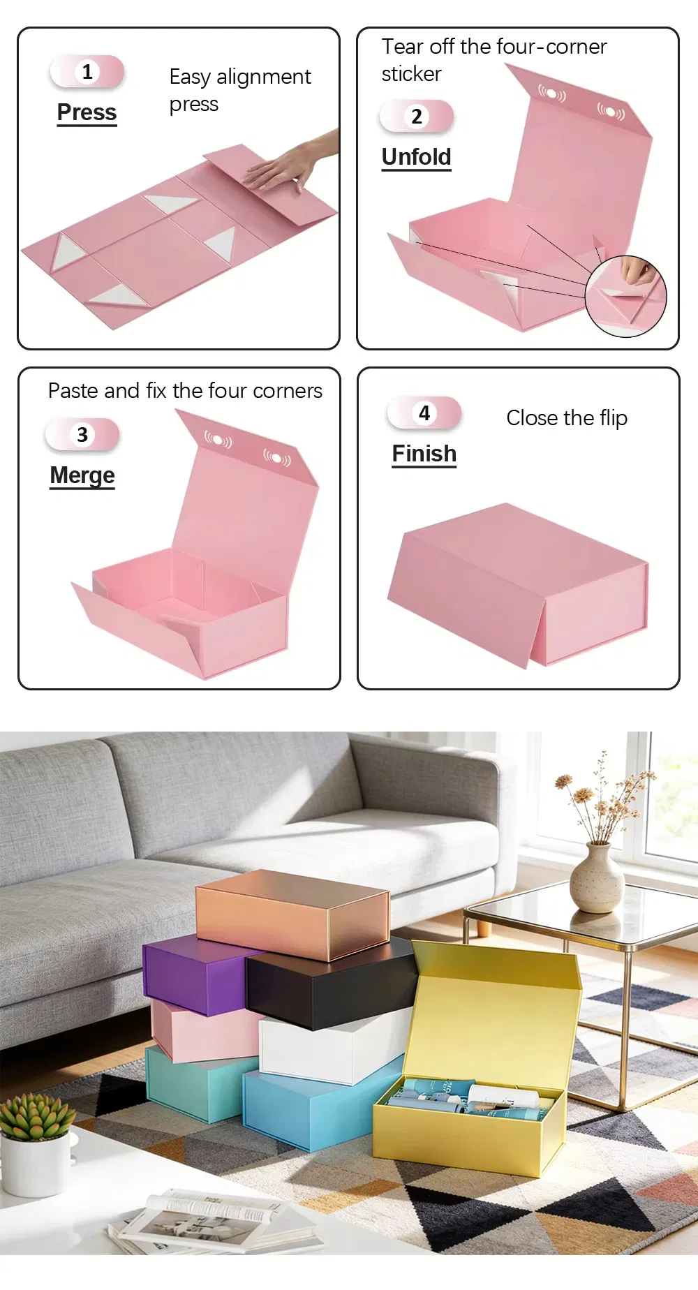 Caixa de embalagem de papel vazia dobrável magnética integrada personalizada, caixa de presente com flip, personalização em pequenas quantidades disponível