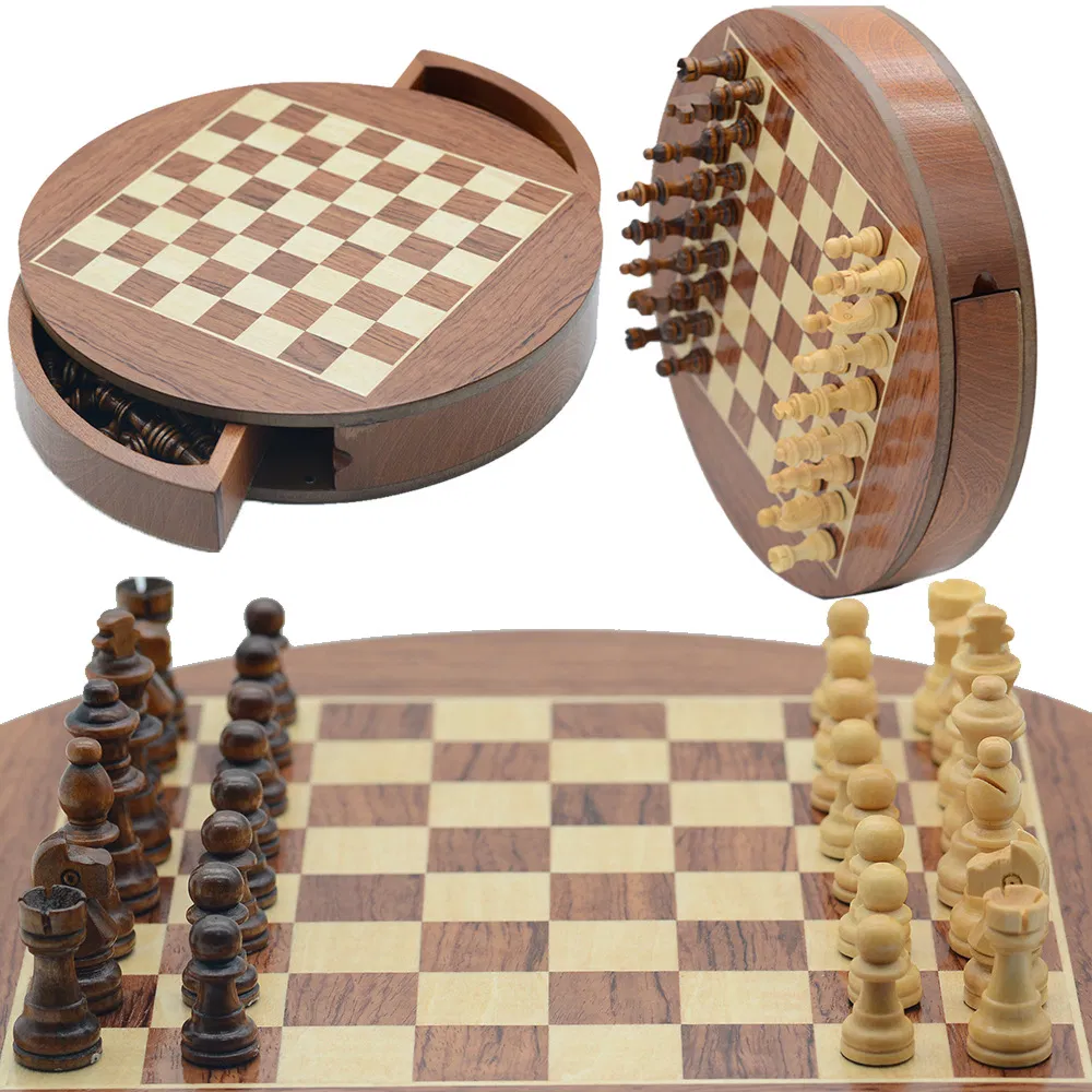 Conjunto de Jogo de Tabuleiro de Xadrez Redondo de Madeira Magnética em Caixa Compacta e Única com Peças