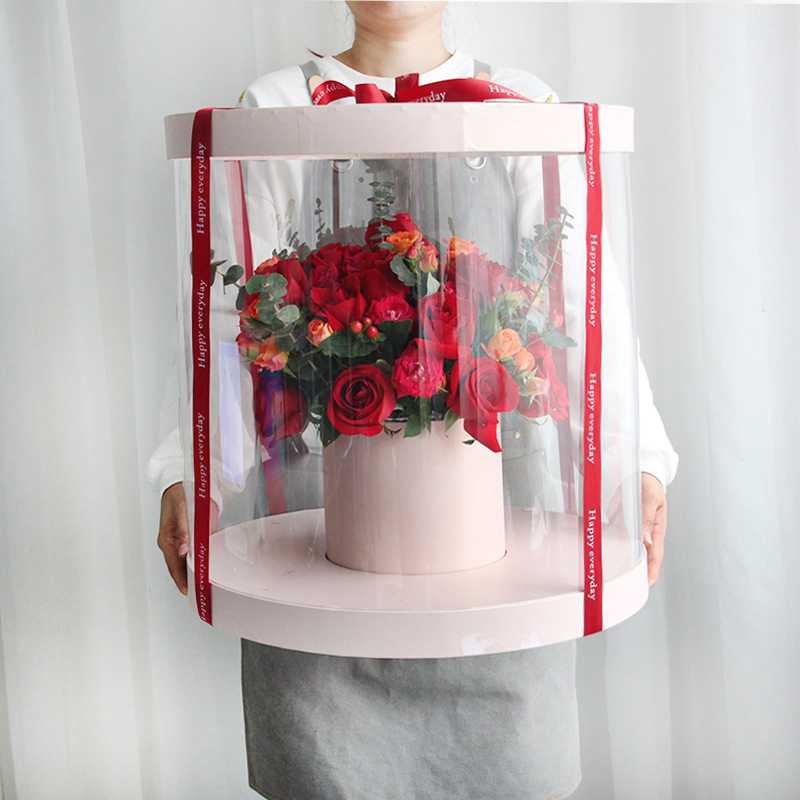 Embalagem de tubo de papel PVC personalizada de alta qualidade para exibição de presente de rosa única, caixa de papelão com flor fresca e elegante